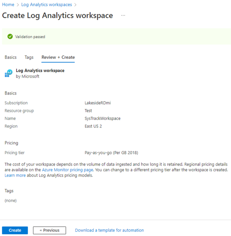 Azure Create Log Analytics Workspace Review